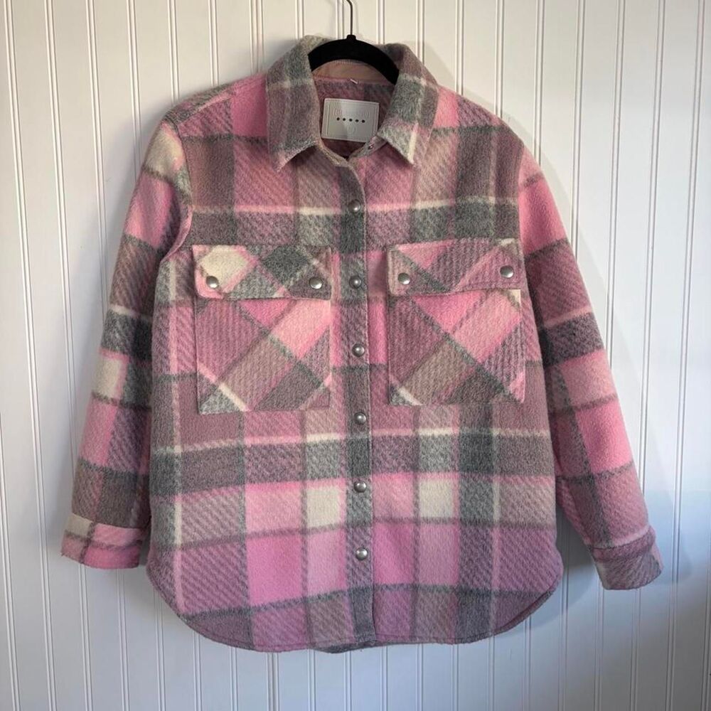 Pink Gray Plaid Wool Blend Shacket Jacket S